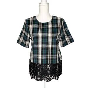 Essentiel Antwerp Green Black Blue Plaid Lace Short Sleeve Blouse Top 36 / 6